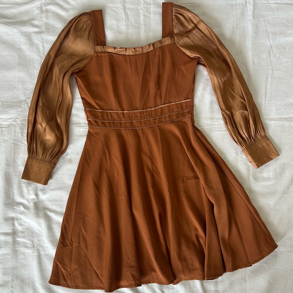Golden Long Sleeve Pleated Dress